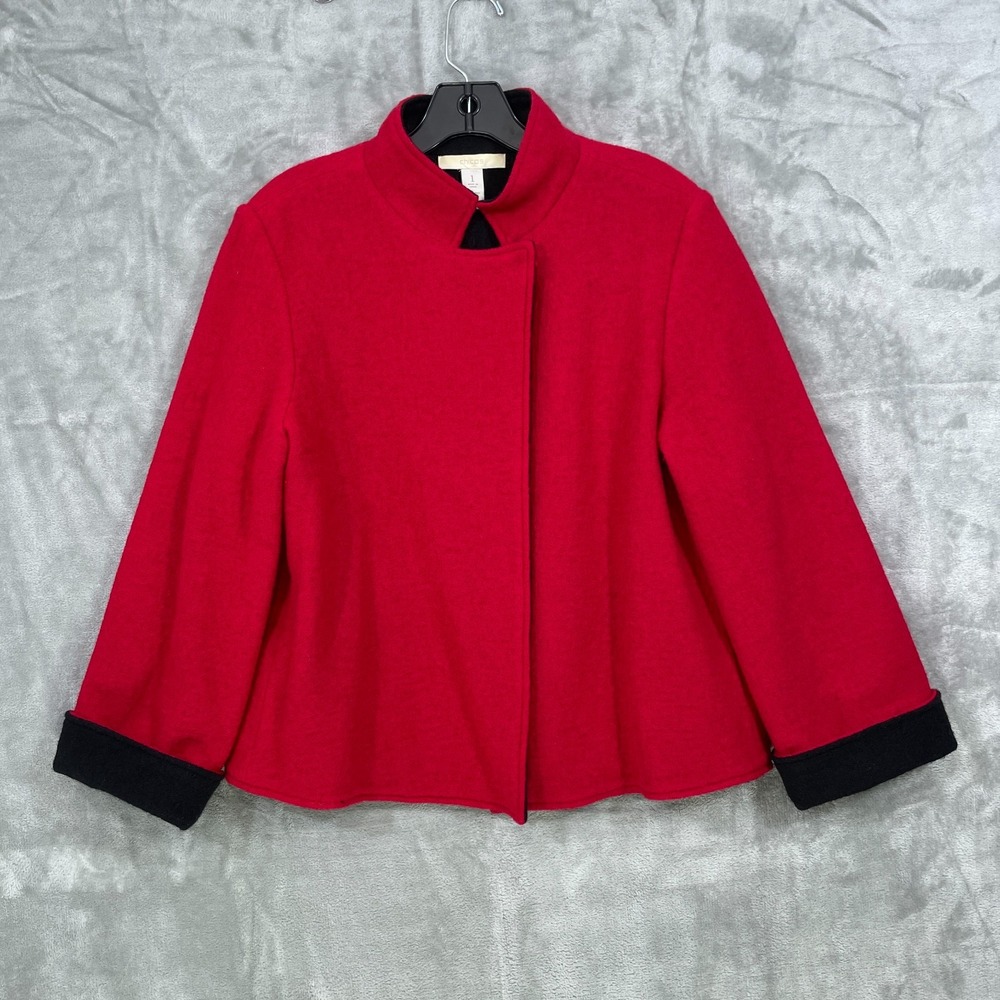 CHICOS Womens Size 1 /US M Boiled Wool Cardigan‎ Reversible Red/Black 1 Button